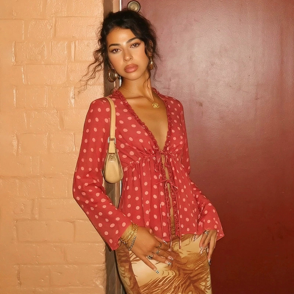Zara Fengnv Fall Polka Dot Lace Trim Long Sleeve Cardigan Drawstring Waist